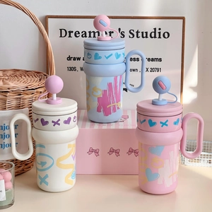 Insulated Mug With Straw And Handle 316 Stainless Steel Vacuum Flask Cartoon Graffiti Portable Water Bottle