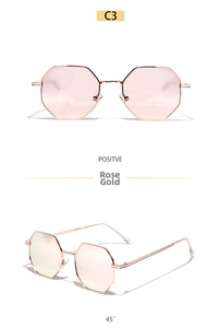 Detailed views of rose gold octagonal metal sunglasses with light pink lenses