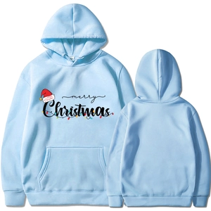 Light blue Christmas hoodie with Merry Christmas print and festive holiday elements