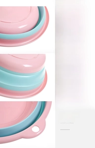 Detail of PP and TPR foldable basin showing multi-layer structure and hanging hole for storage