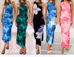 Comparison of five floral print sleeveless maxi dresses with ruched waist in various colors