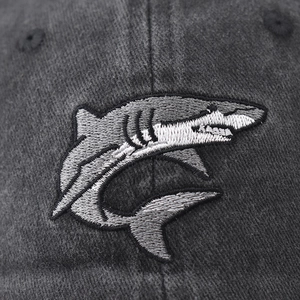 Distressed cotton baseball cap with shark embroidery in washed dark grey color