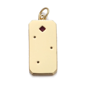 Elegant gold rectangular pendant with ruby and sparkling zircon accents on white background