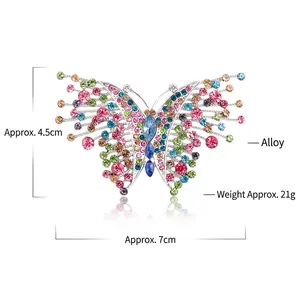 Vintage butterfly brooch with colorful rhinestones in alloy, size 7x4.5cm, weight 21g