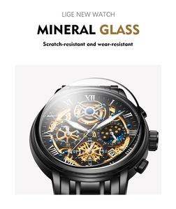 Detail of LIGE men's watch featuring domed scratch-resistant mineral glass and gold dial