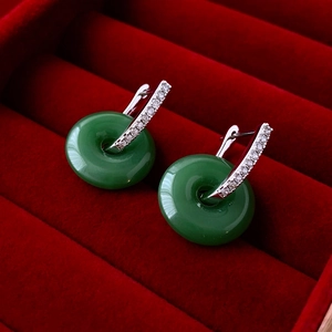 Neo Chinese Green Jade Pingan Kou Hoop Earrings With Zircon Inlaid Copper Silver Earring Post Elegant Jewelry For Women
