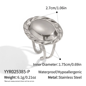 Detail view of oval stainless steel ring with size specs, weight, and waterproof info