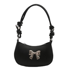 Fashionable black PU leather shoulder bag with a silver metallic bow decoration