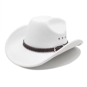 Detailed side view of a white cowboy hat with brown leather belt and metal eyelets
