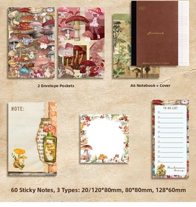 Detail of vintage mushroom stationery set including A6 notebook and retro note papers