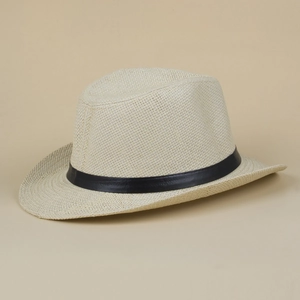 Classic beige straw fedora hat with a black band detail for summer beach sun protection