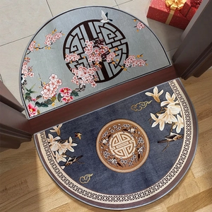 Chinese Style Semicircle Door Mat Chenille Absorbent Non-Slip Entrance Floor Rug Floral Bird Pattern Decorative
