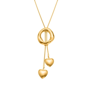 Long irregular circle heart tassel sweater necklace in polished gold stainless steel