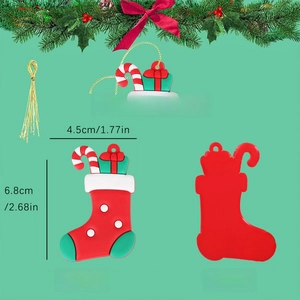 Detailed view of Christmas stocking ornament with size labels and golden hanging string