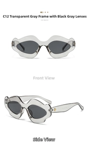 Detail of C12 punk style wavy grey sunglasses with gold cross hinge decoration