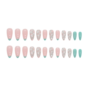 Almond-shaped press-on nails featuring light green floral patterns and pink French tips