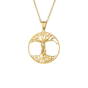 Golden stainless steel tree of life necklace featuring a couple hugging pendant