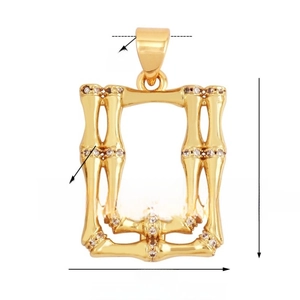 Bamboo style rectangular gold pendant 18x22mm with crystal accents and size details