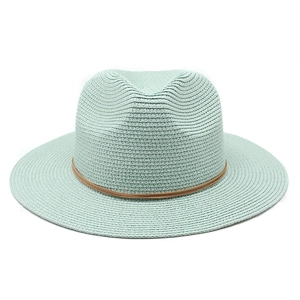 Mint green woven straw fedora hat with brown band for women sun protection
