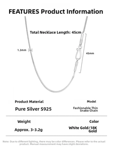 Detail view of 925 silver snake chain featuring 45cm length and 1.3mm width specs