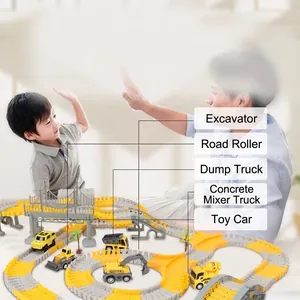 Construction track set with bridge components and five yellow electric engineering toy cars