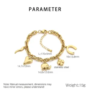 Detailed parameter chart for 18K gold plated stainless steel bracelet with diverse charms