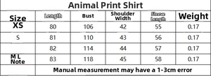 Size chart detail for animal print shirt including length, bust, and shoulder measurements