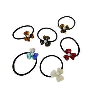 Set of 6 sweet flower petal hair ties with resin finish and faux pearl centers