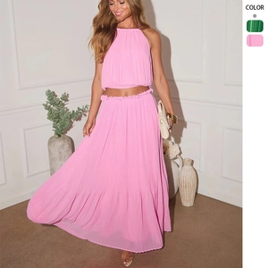 Women Halter Neck Crop Top And Pleated Maxi Skirt Top And Bottom Sexy Elegant High Waist Solid Color Summer Vacation Fashion