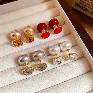 Set of four vintage 18K gold plated square earrings with colorful gemstones and pearls