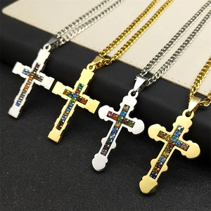 Cross Pendant Necklace Stainless Steel With Colorful Rhinestones Hip Hop Fashion Jewelry For Men Women