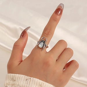Gothic spider ring in vintage silver finish with a teardrop opal gemstone for Halloween