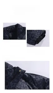 Détail de la doudoune léopard montrant le col montant et la texture des poignets