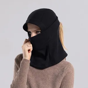 Winter thermal balaclava with brim and ponytail hole for skiing and cycling in black