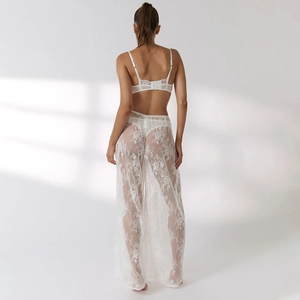 Detailed back view of white lace sheer wide-leg trousers with high waist fit for women
