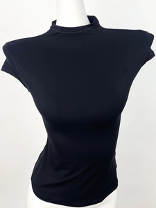 Slim fit black mock neck short sleeve t-shirt in high stretch athletic fabric for women
