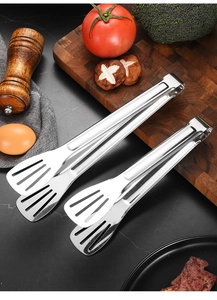 Two different sizes of stainless steel food tongs displayed on a kitchen countertop