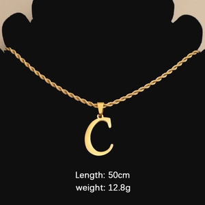 Detail of gold letter C pendant on twist chain with length and weight specifications