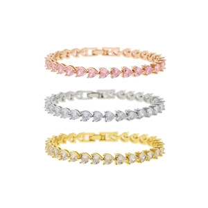 Three rows of heart-shaped zircon tennis bracelets in rose gold, silver, and gold finishes