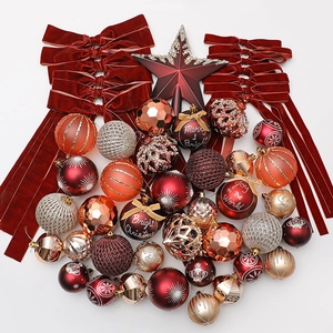 Christmas ornament set with burgundy and gold balls, velvet bows and a glitter tree topper