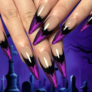 Halloween Purple Glitter Press On Nails Long Stiletto Fake Nails Black Bat French Tip Artificial Finger Nails