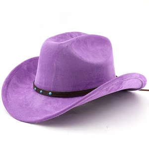 Detail of purple faux suede western cowboy hat with studded leather band and curved brim