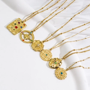 Elegant 14K gold plated stainless steel necklaces with colorful gemstone pendants on silk