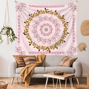 Bohemian floral mandala tapestry in pink and tan for modern living room wall decor