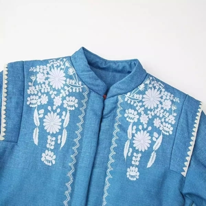Vintage blue denim jacket with exquisite white floral and geometric embroidery on the collar