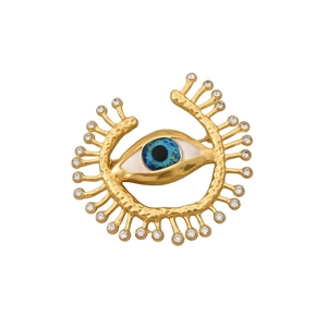 Vintage golden Evil Eye brooch with hammered metal texture and sparkling crystal rays