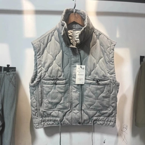 Quilted gray vest with stand collar and large utility pockets in a high-quality finish