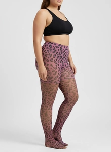 Vue détaillée des collants léopard rose avec une coupe haute et texture semi-transparente