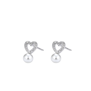 Elegant heart-shaped silver earrings with sparkling crystals and a round white pearl hanging