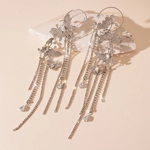 Elegant silver butterfly ear cuffs with sparkling rhinestone tassels for non-pierced ears